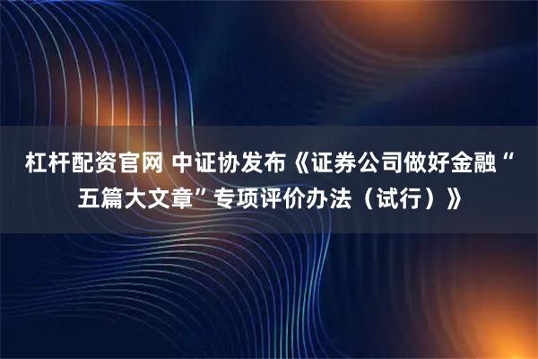 杠杆配资官网 中证协发布《证券公司做好金融“五篇大文章”专项评价办法（试行）》